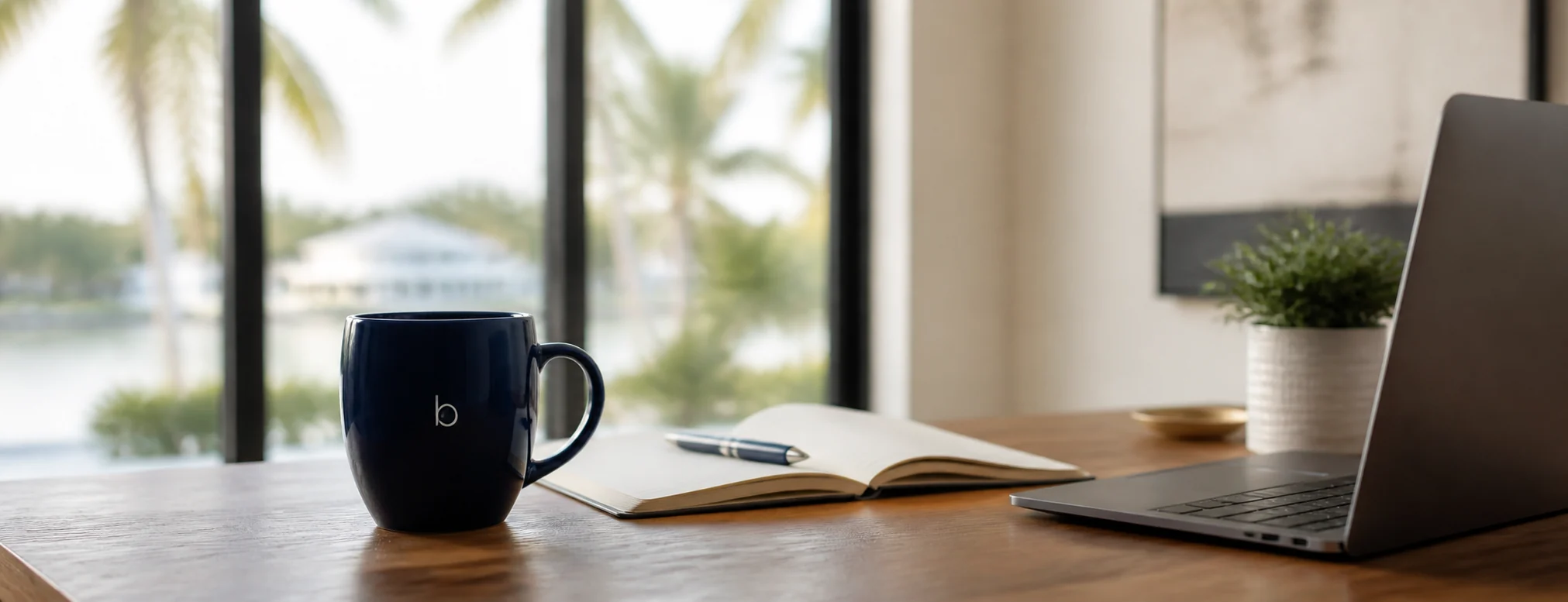 Organized homebuying plan with a notebook, laptop, and coffee